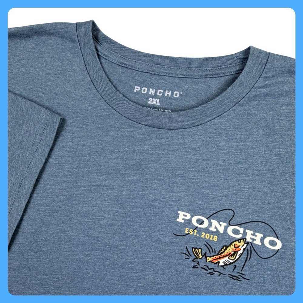 Poncho Trout Fishing T-Shirt Men 2XL Blue Cotton Stretch Short Sleeve Fish
